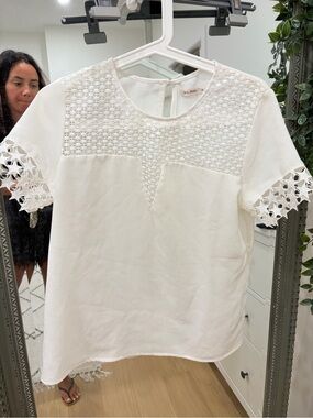 Killibi Cream Crochet Yoke Short Sleeve Blouse